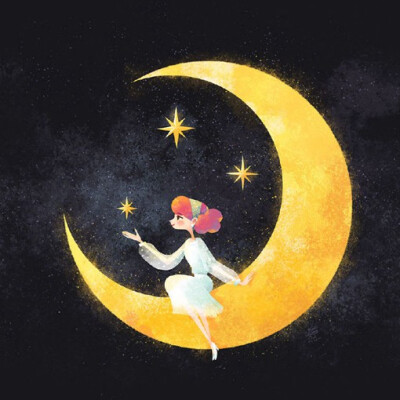 唯美梦幻插画,月亮,星空与梦境,仿佛在看一本童话故事书的插图,很好看