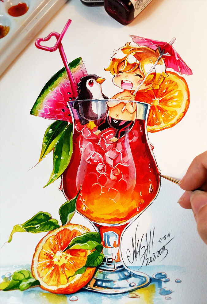 飞乐鸟分享#德国插画师naschi的手绘作品,常用到水彩,绘图墨水,彩色