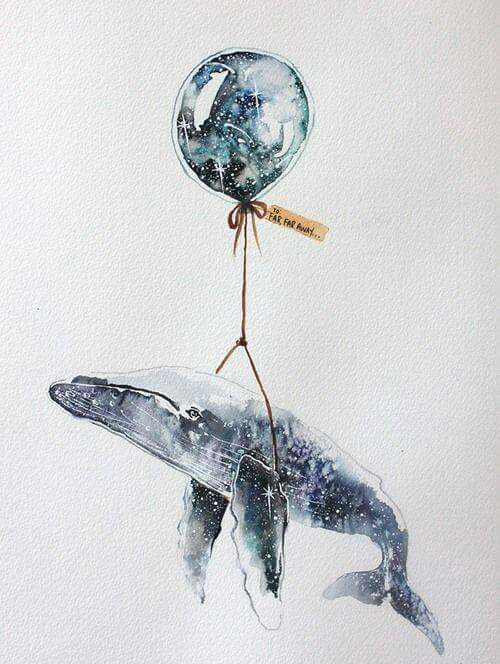鲸鱼 水彩 插画 壁纸 手绘 意境 气球 星空