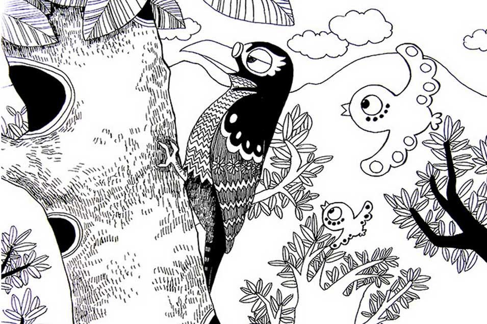 儿童画 啄木鸟 线描 黑白