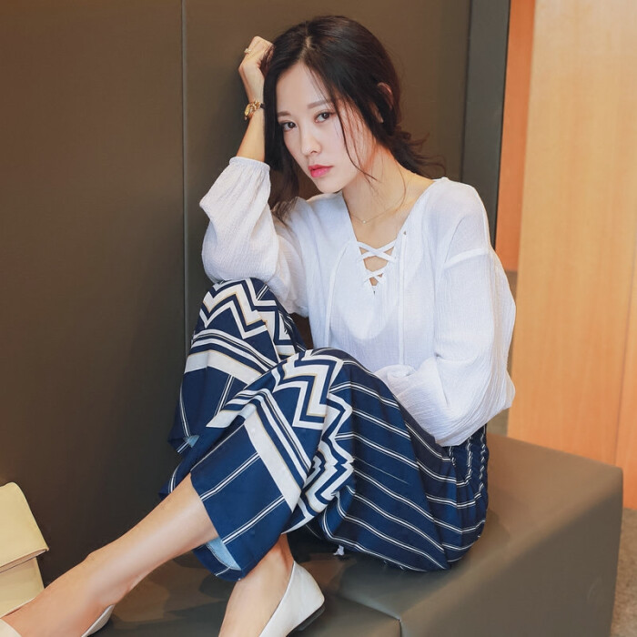 2016夏季新款女装 韩国显瘦纯色v领宽松系带长袖衬衫棉麻上衣