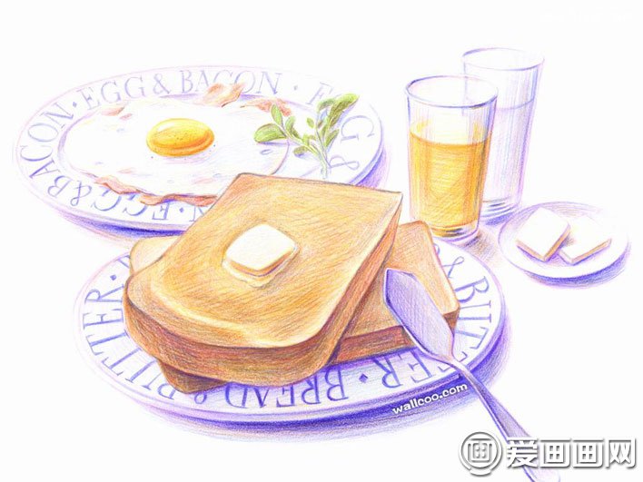 手绘美食素描图片法式早餐食物彩色彩铅素材