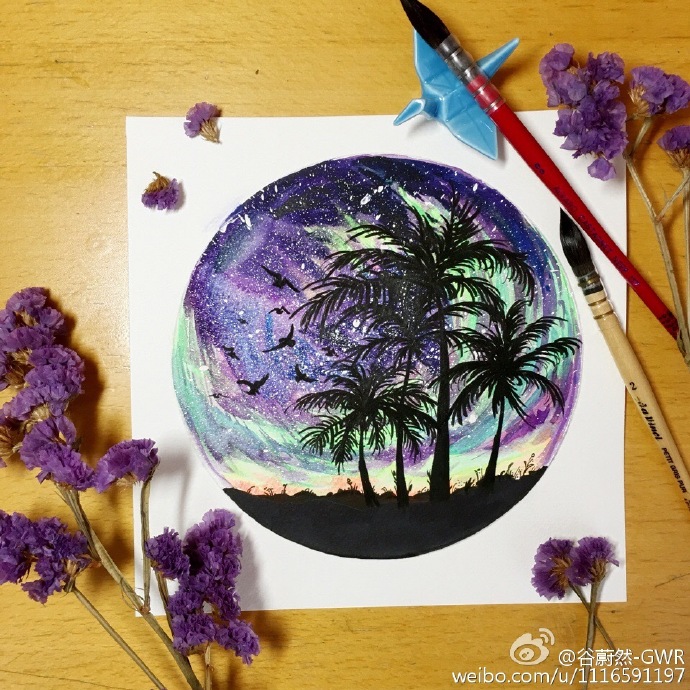 水彩星空风景#每日一画##每日一水彩# 彩色部分:吉祥颜彩 樱花固彩