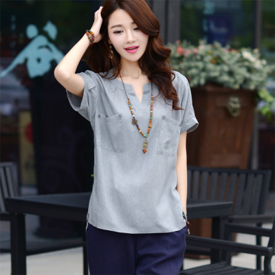 2016夏季新款女装韩版宽松亚麻上衣v领短袖棉麻t恤女半袖大码衬衫