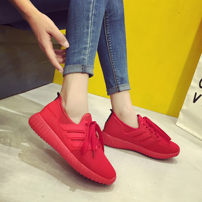 春秋新款女鞋子休闲系带红色运动鞋女小红鞋透气平底跑步鞋椰子鞋