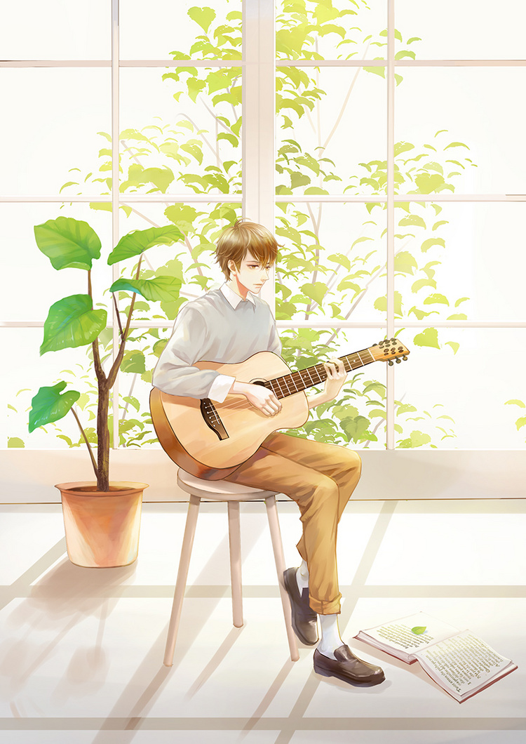 吉他曲-三本王wallace_吉他,美少年,植物,窗_涂
