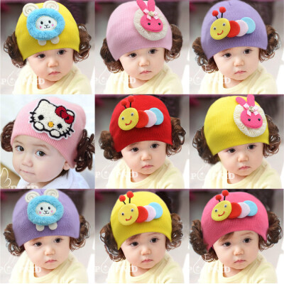 韩国女宝宝帽子春秋冬季婴儿假发帽公主帽儿童套头帽女童毛线帽男