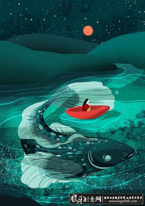 红色的小船插画 穿红衣服的小女孩 长发美女 美女侧脸 大鱼大海插画