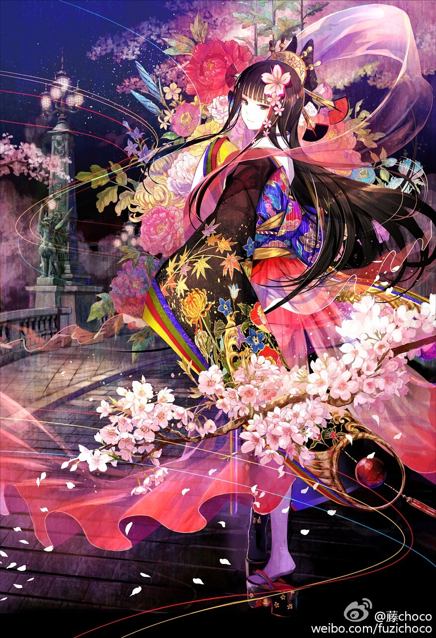 女孩日本和服桃花藤choco绘