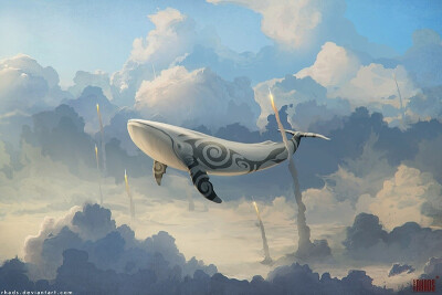插画 飞翔的鲸鱼 天空 云