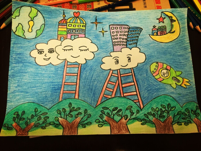 儿童科幻画-美丽云层世界