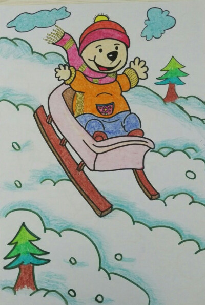 儿童画～小熊滑雪