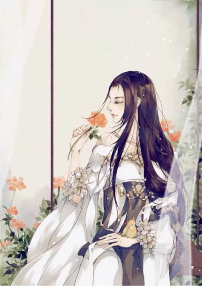 古风 花 少女 长发 纱 露肩 闭眼 侧颜