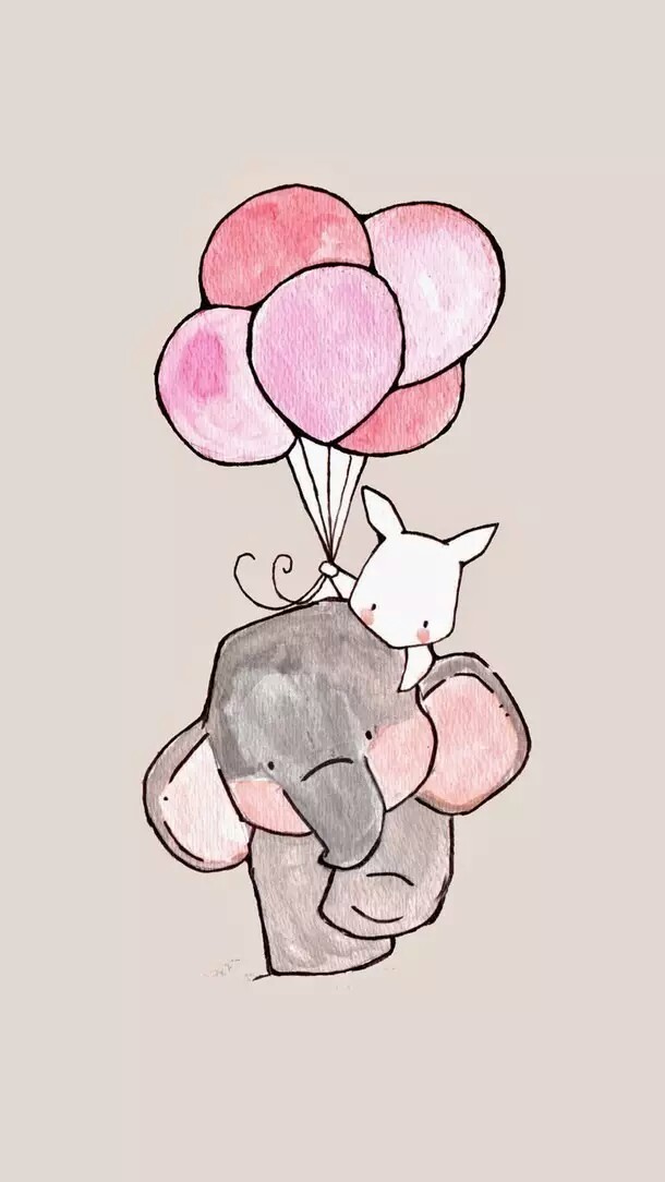 手绘壁纸,小清新唯美.超萌超可爱小象和小兔,友情,粉色,气球.