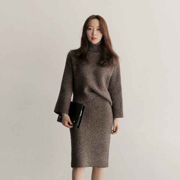 韩国2016冬季女装 高领 针织衫 铅笔裙 套装 d19