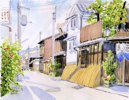 插画师toshiko的日本街道房屋的风光插画