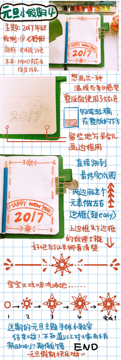 这里制作了四个关于2017元旦的手帐排版分享,像简笔画小教程哈哈哈 快