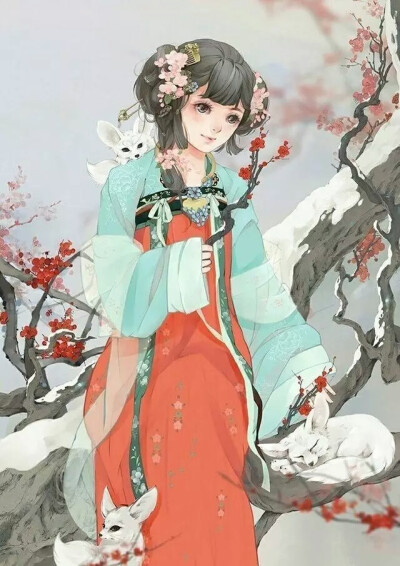 古风 女孩 雪狐 梅花