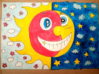 我改编后教孩子们画的这副画,太阳和月亮