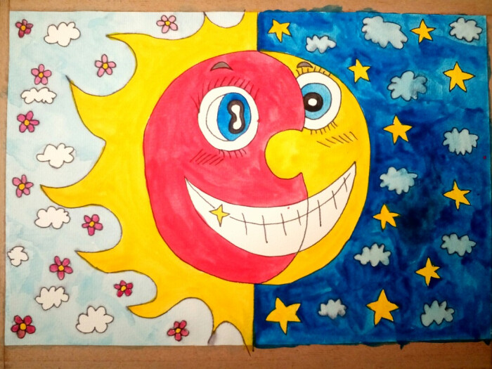 我改编后教孩子们画的这副画太阳和月亮