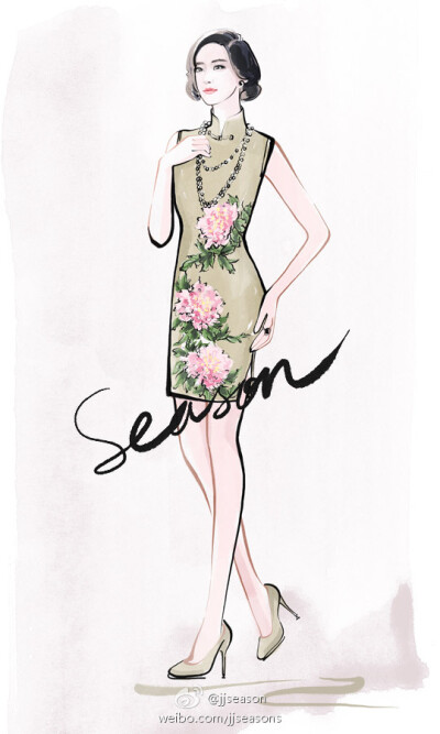 jjseason原创设计# #season时装插画# ----- 古典优雅旗袍女人