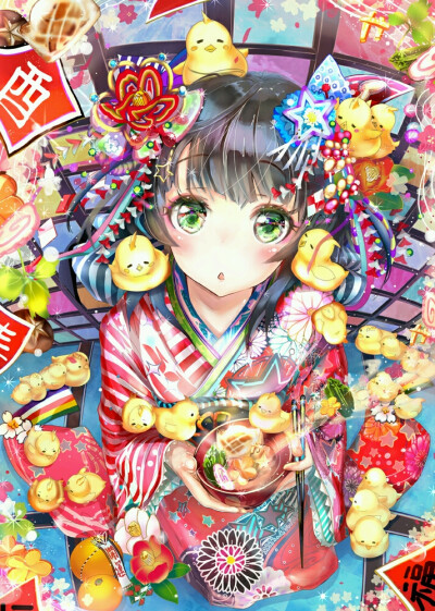 插画手绘 二次元 少女 唯美 萌 新年贺图 和服