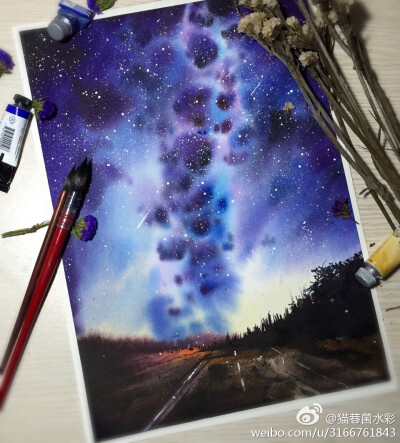 水彩手绘 风景 唯美 星空图