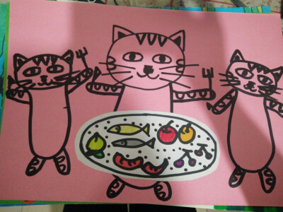 小猫爱吃鱼 创意美术 动物类