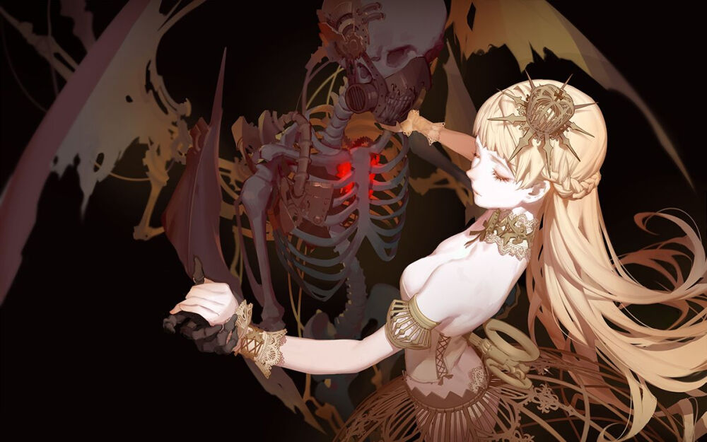 动漫人物美炸 插画 意境 骷髅 少女 黄发 美图 壁纸 发条 翅膀 王冠
