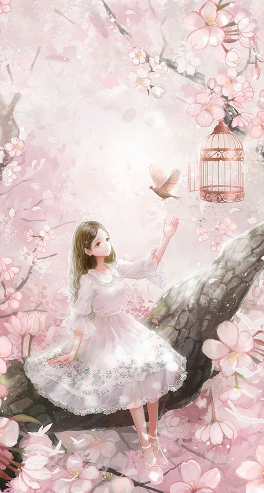 唯美 清新 意境 插画 桃花 白色长裙 少女