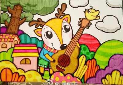 弹吉他的小鹿儿童画
