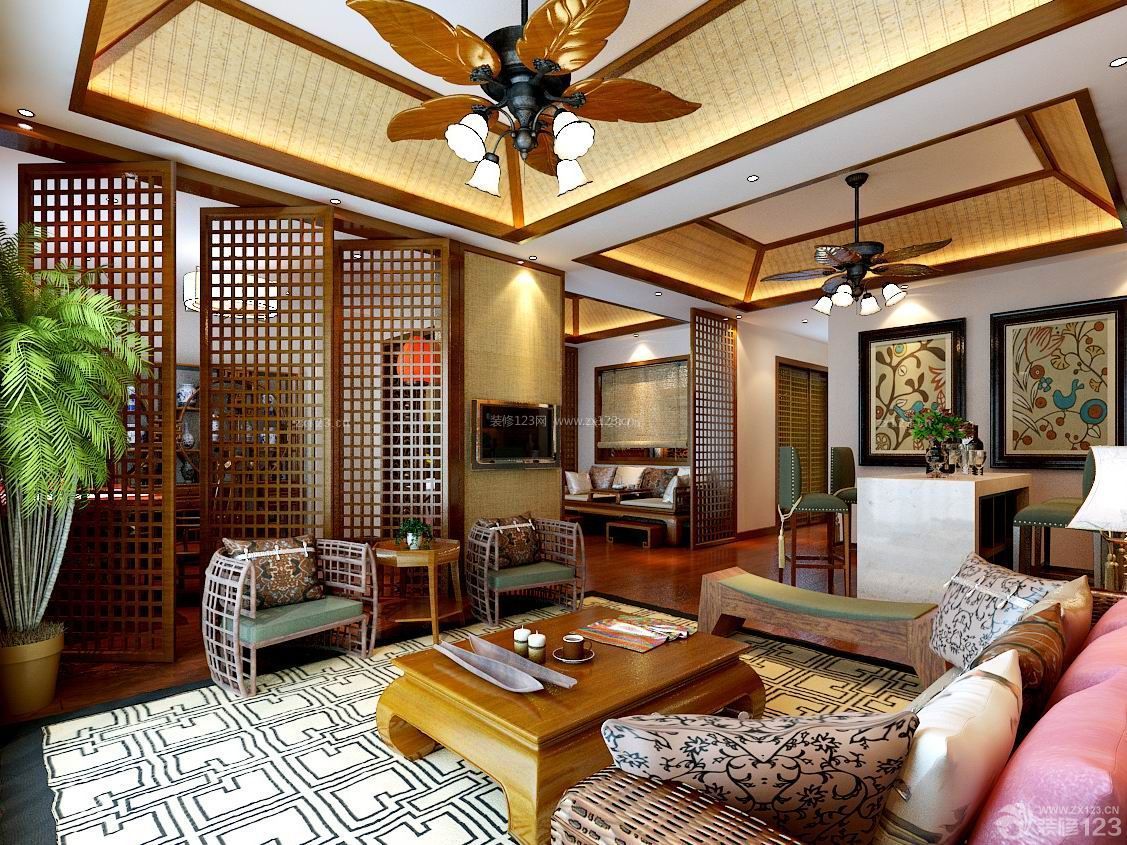东南亚风格家居客厅吊顶设计图