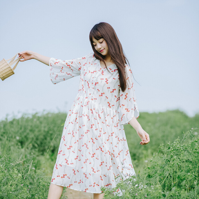 2017夏清新森系复古印花和风连衣裙文艺范雪纺碎花长裙女裙