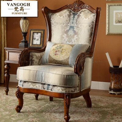 欧式实木老虎椅客厅单人沙发布艺美式高背休闲椅书房卧室沙发椅子