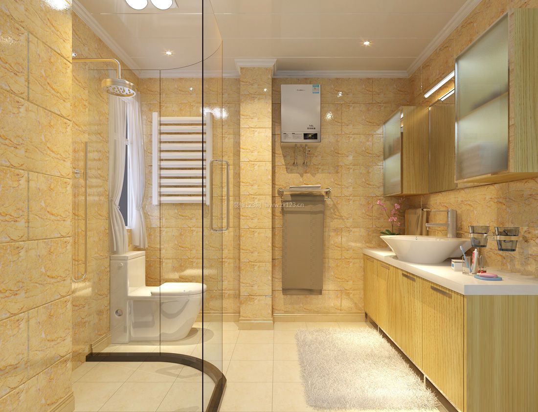 现代土黄色瓷砖背景墙卫生间室内装修效果图图片-图行天下素材网