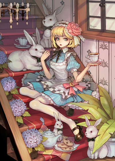 alice in wonderland p站 二次元 插画 少女 头像 手绘 壁纸 爱丽丝