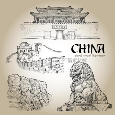矢量复古手绘线稿中国传统建筑长城故宫天坛熊猫 ai设计素材ai1