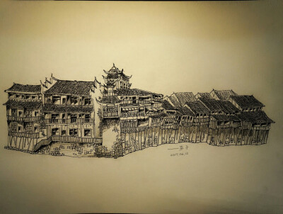 建筑速写#黑白钢笔画 凤凰古城夺翠楼