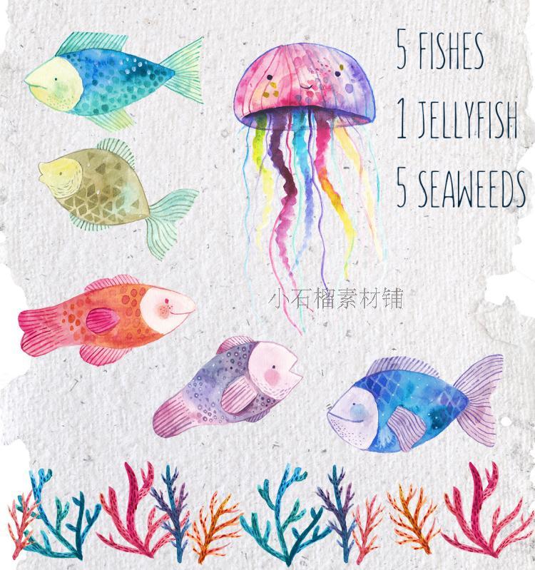 水彩手绘海洋生物水母热带彩色鱼背景图案png eps设计素材png3