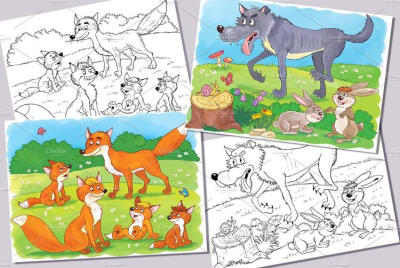 卡通森林小动物填色涂色对比线稿图临摹画画教程素材ai245