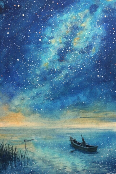 唯美,夜晚,星空,一叶扁舟,海岸