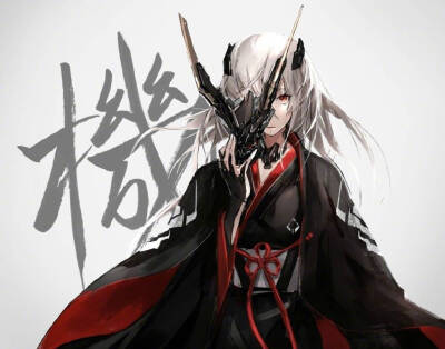 pixiv画师【neco】插画【无题】 二次元 武器 和服 面具 少女 黑白