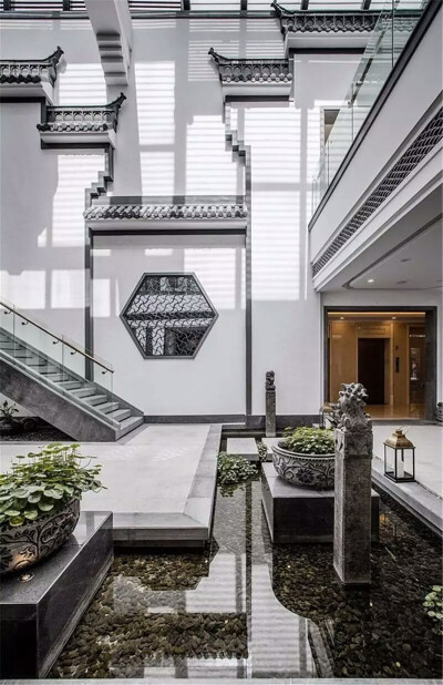 简约中式,室内水景