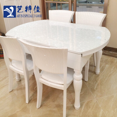 多功能白色玻璃实木餐桌可伸缩折叠小户型6人实木圆桌 实木餐桌椅