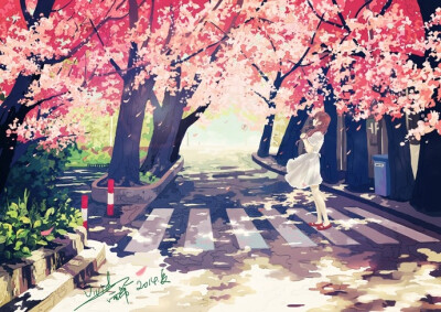 场景绘画樱花树下的长裙少女「花街」/「vivid雨希」のイラスト