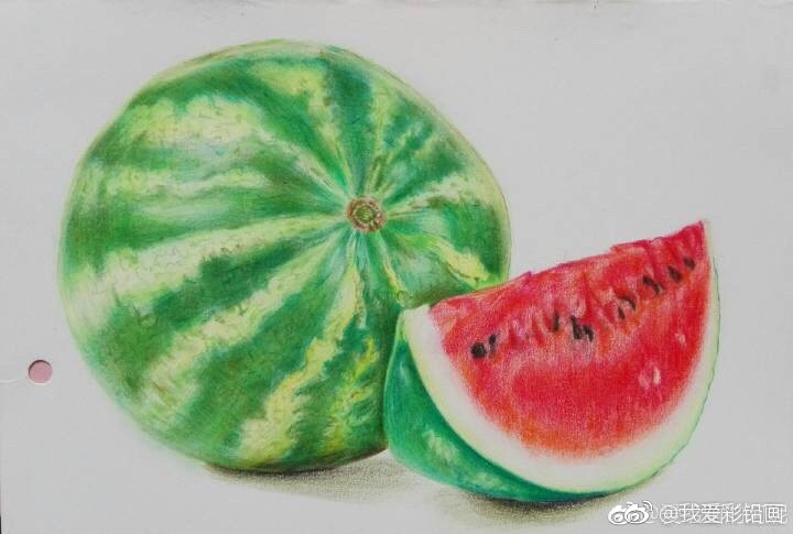 我爱彩铅画# 彩铅西瓜～～夏天解暑必备!作者:via@爱绘画的阿妮