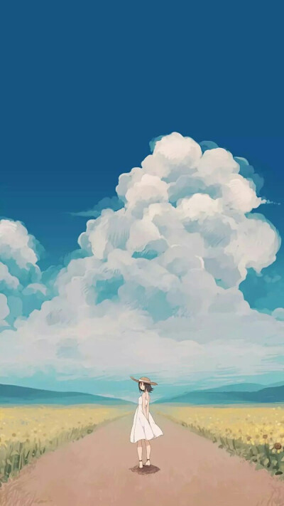 动漫壁纸 向日葵 天空 路上 女孩