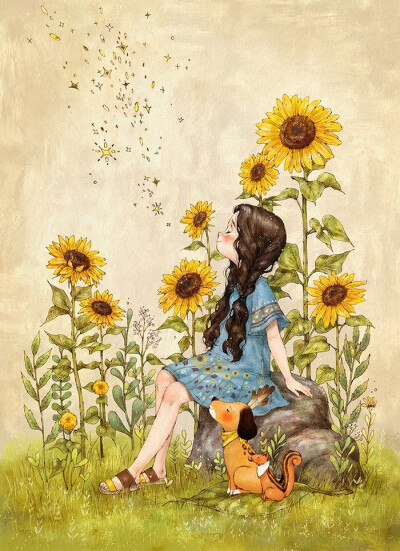 向日葵般的女子,永远向着阳光 ~ 来自韩国插画家aeppol 的「森林女孩