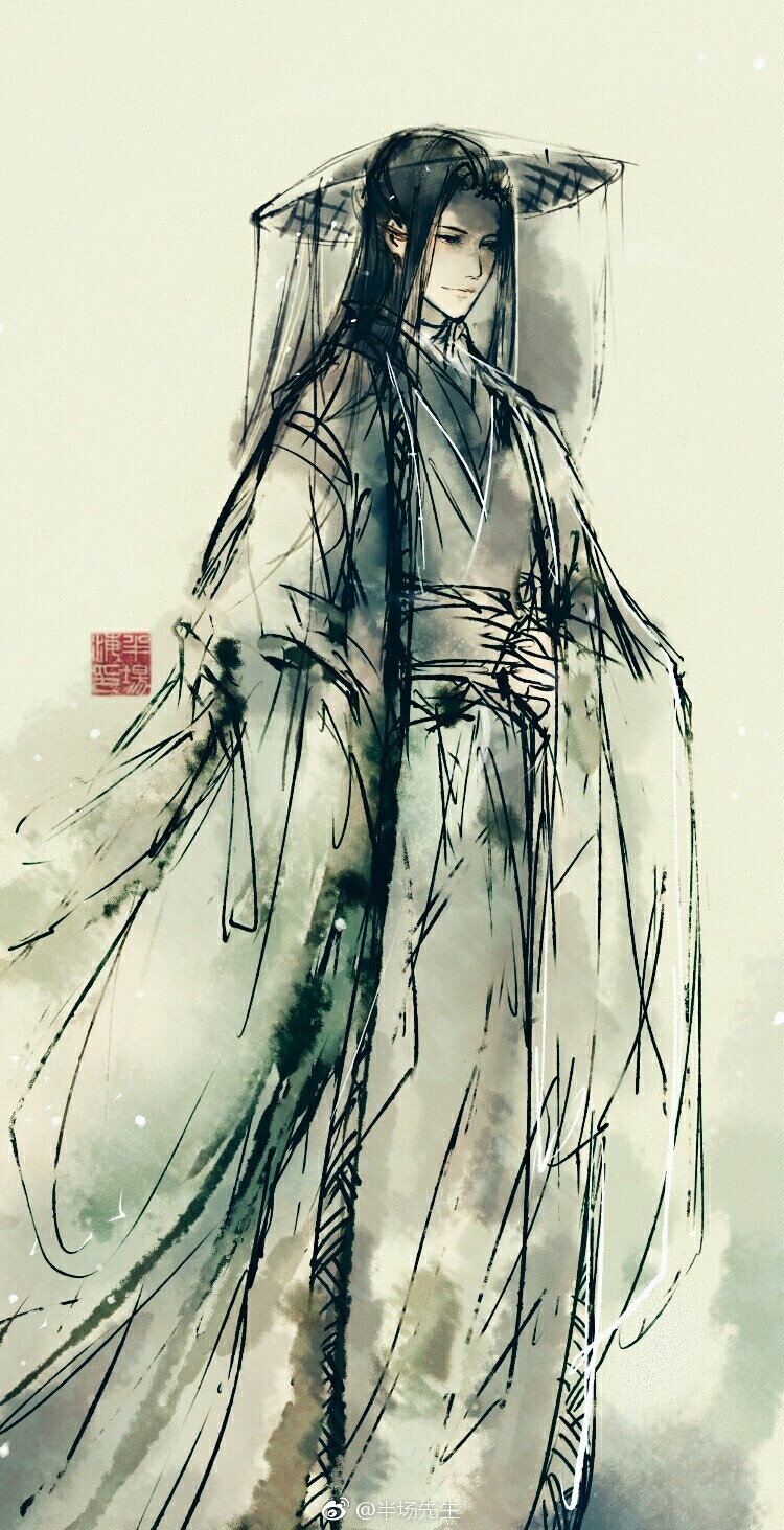 画师@半场先生 天官赐福 谢怜 太子殿下 水墨画 古风