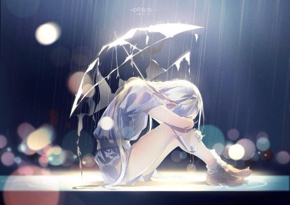 二次元 动漫 女生 唯美 伤感 哭泣 下雨